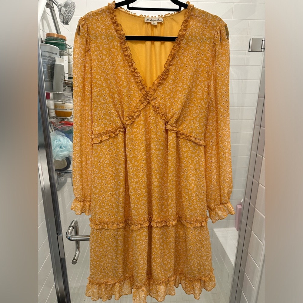 Elegant Mustard Floral Long Sleeve Dress